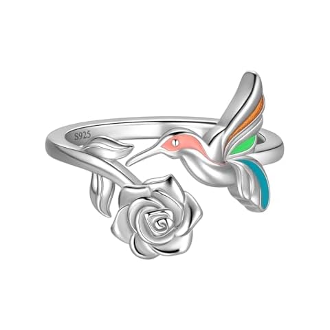 Adjustable Hummingbird Ring for Women Elegant Flower Rose Ring 925 Sterling Silver Rose Flower Open Ring Elegant Promise Ring Cute Animal Hummingbird Wrap Ring Rose Jewelry GIft for Girlfriend FR0094W Cover