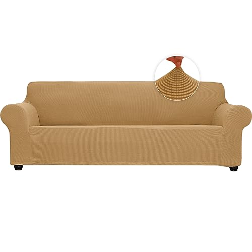 Stretch Sofa Slipcover Soft Sofa Cover Couch Covers for 3 Cushion Couch Sofa Furniture Protector Breathable Washable Jacquard Fabric Small Checks with Elastic Bottom for Kids Pets (Gold, Large)