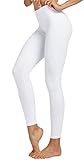 COOLOMG Damen Sport Leggings Laufhose mit Taschen Yogahose lang Kompressionshose Weiß M