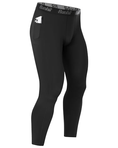 Runhit Kompressionshose Herren Lange Unterhosen Tights Sport Leggings mit Taschen Atmungsaktiv Trainingshose Schnelltrocknende Sporthose Laufhose für Fitness Gym Joggen Training Schwarz L