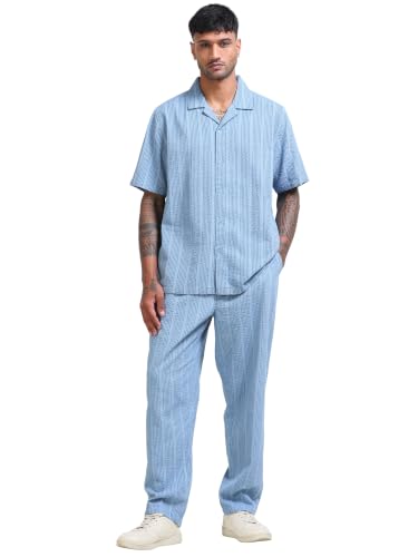 Image of StitchX Men's Airport Look Textured Seersucker Resort Cotton Shirt & Trouser Co-Ord Set S-2XL