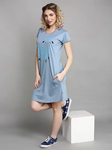 Image of Meerkat Women Short Sleeve Knee Length Cotton Knits Printed Short Nighty /Long Shirt /Midi