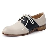 Mona flying Women's Handmade Two Tone Dress Oxfords Derby Comfy Lace up Leather Shoes for Ladies