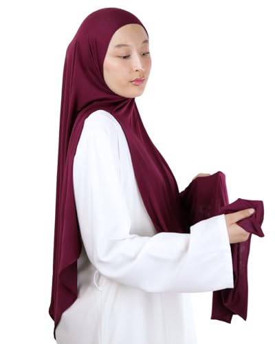 Hijab À Enfiler Entièrement jersey en Fibres de bambou naturelles hijab Respirant & hypoallergénique pour femme musulmane voilée châle islamique voile enfilable HE340 (Burgundy)