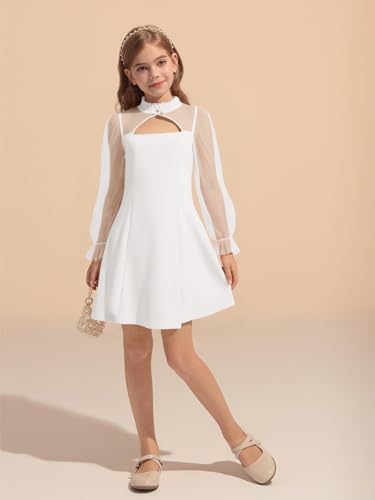 Haloumoning Girls Dresses Contrast Mesh Puff Long Sleeve Dress Kids High Waist A Line Wedding Party Dress 5-14Y3