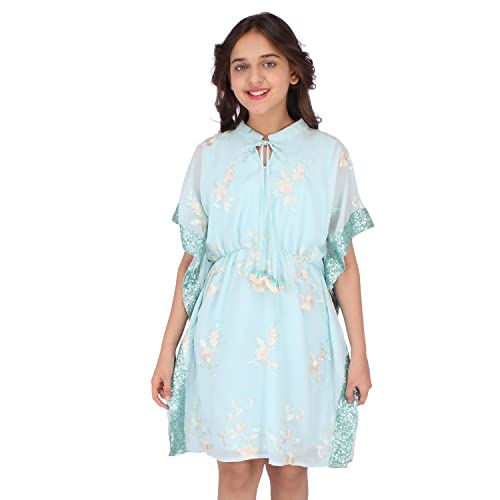 Image of Cutecumber Girls Georgette Floral Embroidered Aqua Kaftan Dress.