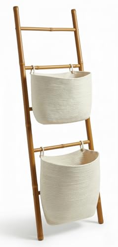 Handcrafted Bamboo Blanket Ladder Shelf with 2 Woven Baskets, Blanket