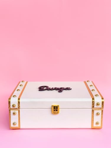Image of Personalized Leather Keepsake Box with Pink Finish | Acrylic Gold Name | Premium MDF Wood Memory Chest | Size: 10 * 7 * 3.5inch (White)