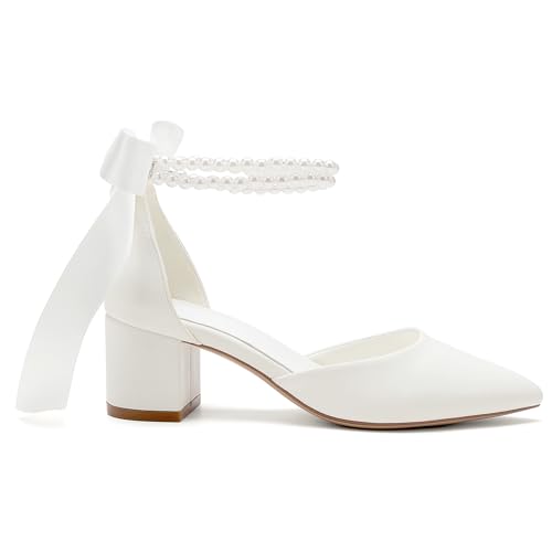 Women's Block Heels Wedding Shoes,Pearl Satin Pumps Heel for Women,Low Chunky Sandals Ankle Strap Wedding Dress Pump Shoes Sandals3