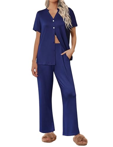 Ekouaer Women Pajamas Set Button Up Pj Sets Short Sleeve Sleepwear with Long Pants Soft Loungewear S-XXL