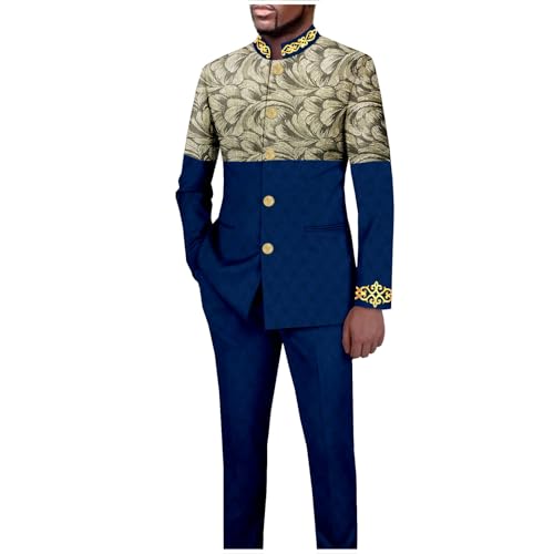 African Suits for Men Slim Fit Embroidery Single Breasted Printed Blazer and Pants Set Formal Outfits
