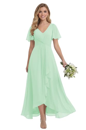SEPT PRETTY A Line Mint Green Chiffon Ruched Waist Mother of the Bride Dress Short Sleeve Pleated Bridesmaid Dress for Wedding Guest 18 Plus Size