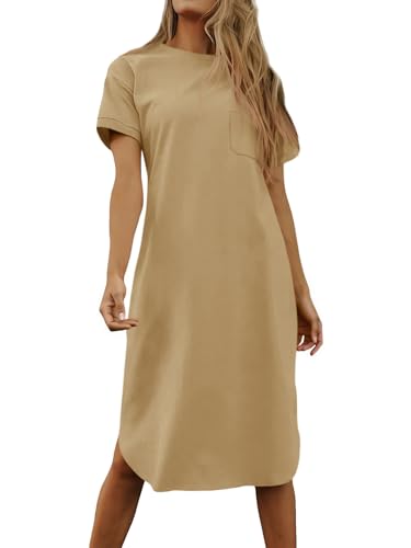 Image of Dyexces Summer Dress for Women Crew Neck Short Sleeve Solid Basic T-Shirts Casual Midi Dresses with Pocket