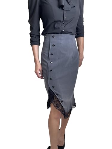 Women’s High Waist Pencil Skirt – Vintage Lace Trim Tulip Hem Midi Skirt with Buttons – Wiggle Fit for Work or Evening