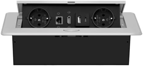 Versenkbare Tischsteckdose mit HDMI PD20W für Arbeitsplatte, Silber | USB-A und Type-C Schnelllade, Mit Schalter, 1,8M Kabel, Klappbar, für Schreibtisch Küchenarbeitsplatte