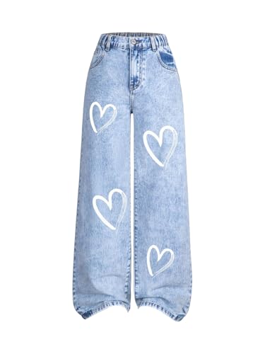 GORGLITTER Girl's Cute Heart Print Wide Leg Jeans Zipper Baggy Denim Pants with Pockets for Teen
