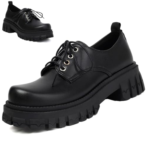 Image of Women's Patent Leather Platform Chunky Loafers Perforated Lace-up Round Toe Wingtip Oxford Shoes Non-Slip Lug Sole Brogue Dress Shoe