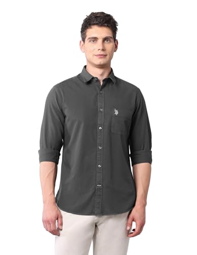 Image of U.S. Polo ASSN. Solid Slim Fit Shirts for Men - 100% Cotton, Full Sleeve Mens Casual Shirts