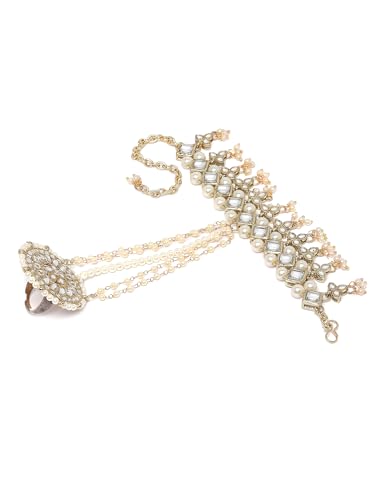 Image of Karatcart Gold Plated Baby Pink Pearl Chain Kundan Hathphool