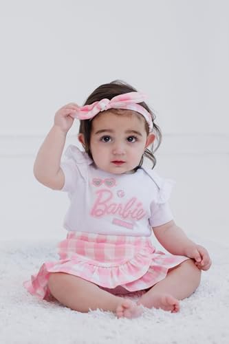 Barbie Baby Girls Bodysuit Ruffle Skirt and Bow Headband 3 Piece Outfit Set Newborn to Infant2