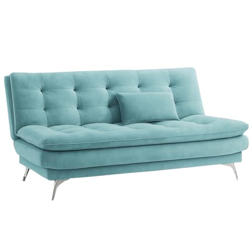 Image of FURNY Eagel 3 Seater Fabric Sofa Cum Bed with 2 Cushions (Sky Blue) with Velvet Fabric | Durable with Comfort | Perfect for Living Room, Bedrooms, Offices