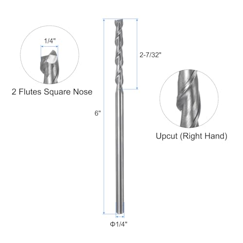 Image of uxcell Carbide Square End Mill, 1 /4 inch Diameter Uncoated 2 Flutes Milling Bit Cutter, for Aluminum Copper Non-Ferrous Metal, 1 /4 inch Shank 2-7 /32 inch Cut Length 6 inch Extra Long