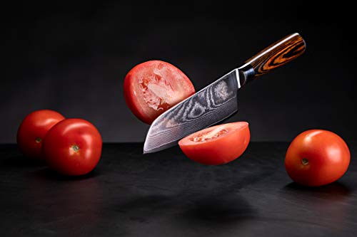 Wolfblood Wolfblood Damastmesser Santoku Messer L(24cm) TÜV geprüfter 62 HRC Damaststahl aus 67 Lagen I Damast-Küchenmesser Santokumesser mit Holzgriff Geschenkbox und Klingenschutz - Verwendungsansicht 7 | Küchenmesser