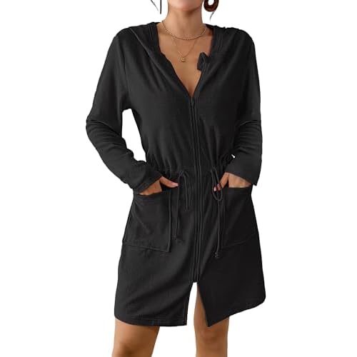 Bsubseach Terry Cloth Cover Up - Women Zip Up Long Sleeve Swimsuit Coverup Hooded Bath Robes with Pockets Black Small
