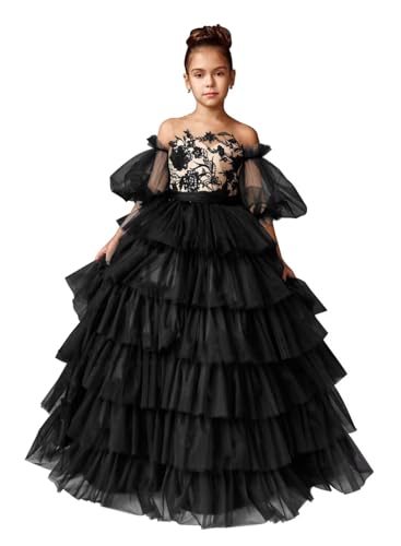 Tulle Pageant Dress Lace Flower Girl Dresses Appliques Tiered Princess Ball Gown Kids Prom Formal Gowns