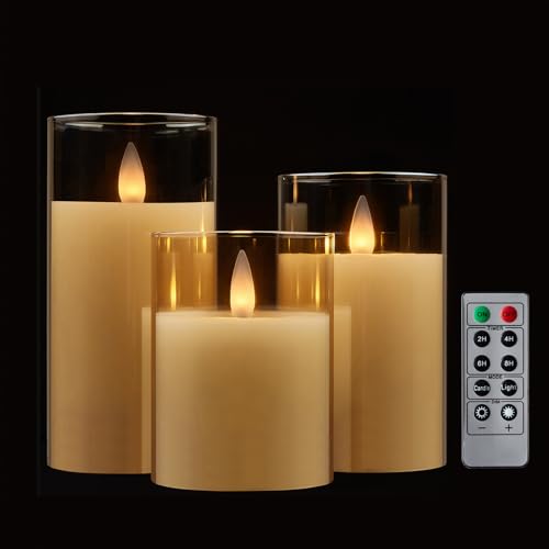 Image of Glass Flameless Pillar Candles Flickering with Remote Timer, Battery Operated LED 3D Moving Flame Real Wax Candles,Remote Included (Champagne)