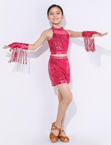 Image of Happy Cherry Girls Shiny Sequin Latin Dance Shorts Set 3 Pcs for Disco Hip Hop Jazz Cha Cha Dance 3-12Y
