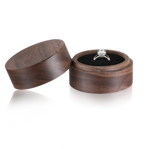 Ajcotahm Wooden Ring Box, 2 Inch Round Pine Wood Ring Holder with Velvet Insert, Single Slot Engagement Rings Box for Proposal Wedding Ceremony Anniversary Engagement Birthday Gift