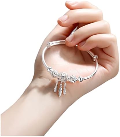 Shop-PEJ Fashion Adjustable 925 Sterling Silver Dream Catcher Tassel Feather Round Bead Charm Bracelet Bangle For Women Elegant Jewelry for Women/Mum/Wife (Color : Silver)