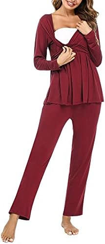 Litherday Stillpyjama Lang Umstandspyjama Langarm Zweifarbiger Baumwolle Stillzeit Nachtwäsche Stillfunktion Pyjama Set mit Elastischen Bundes und Tasche