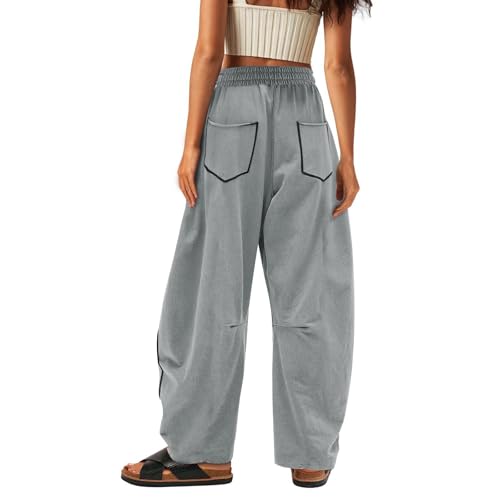 Image of Barrel Pants Women Casual Cargo Wide Leg Baggy Sweatpants Drawstring High Waisted Lounge Palazzo Pants with Pockets