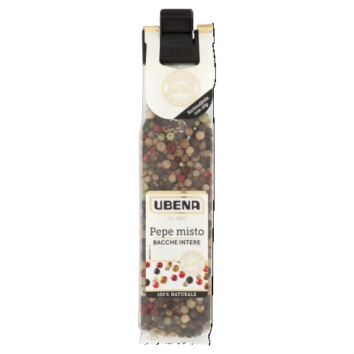 Il Pepe Misto in Bacche UBENA è caratterizzato da grani di pepe nero, bianco e verde uniti a bacche rosa che, mescolati, creano un’ampia gamma di note aromatiche. Si percepiscono aromi freschi, agrumati ed esotici oltre alla leggera piccantezza