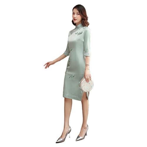 Robe Cheongsam courte brodée en soie anti-plis pour un confort absolu