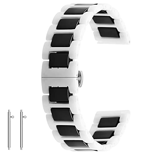 Kai Tian 20mm 22mm Ceramic Watch Band Quick Release Watch Strap, Deployment Clasp Watch Bracelet for Women Men Black White