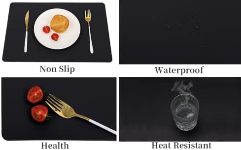 Miniatura 8 de Vinjiasin Juego de 4 manteles individuales de cuero negro, impermeables, lavables, resistentes al calor, resistentes, rectangulares, para cocina,