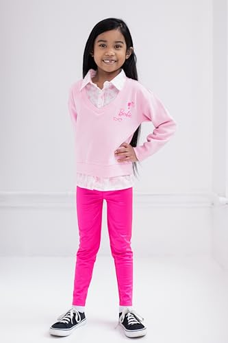Barbie Little Girls 2fer Drop Shoulder Fleece Sweatshirt and Leggings Outfit Set Pink 6 - image 2