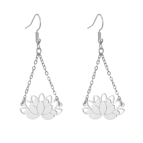 KKJOY Pendientes Colgantes Flor de Loto de Acero Inoxidable Joyas Inspiradoras Símbolo de Yoga Budismo para Mujeres Señoras con Encanto (Plata)