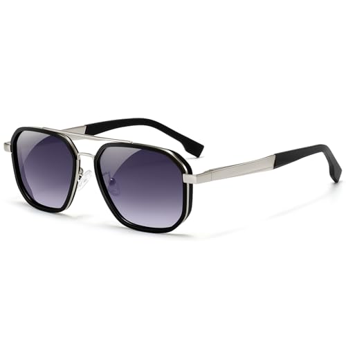 SUNGAIT Polygon Aviator Sunglasses Men Old School Style Adjustable Anti-slip Temples Polarized Lens for Driving Fishing(Matte Blue & Silver Frame/Gray Gradient Lens)