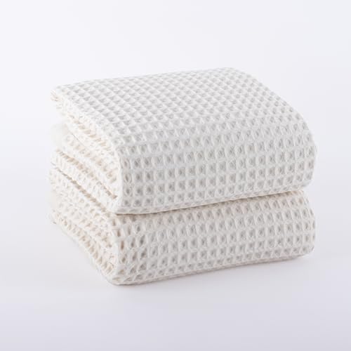 Püskül Waffle Bath Towels for Bathroom, Premium 100% Turkish Organic Cotton, 32x63 Inches, Pack of 2 (Natural Beige)