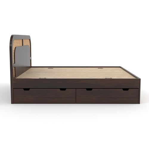Image of Sheesham Wood Cane Bed with Drawer Storage for Bedroom | Queen Size Wooden Double Bed Palang with Curved Rattan Headboard & Footboard (Walnut Finish)