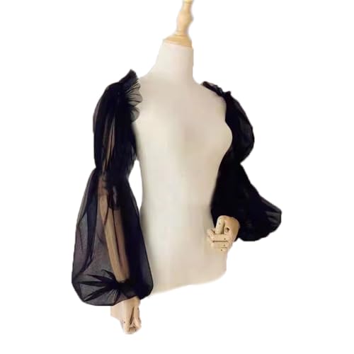 SMTCM 1 paio di maniche a sbuffo rimovibili, per abito da sposa, colore nero, maniche da sposa, in tulle con fascia in spandex, per braccia, accessori da sposa, guanti senza dita, maniche lunghe da