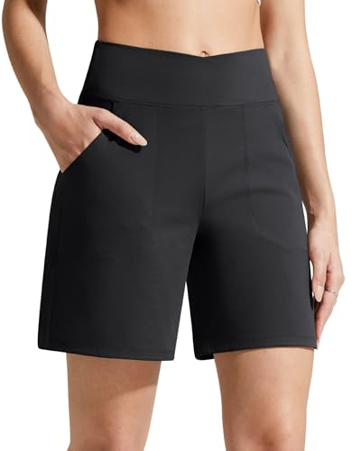 G4Free Shorts for Women Athletic Summer High Waisted Soft Wide Leg Dressy Casual Shorts with Pockets for Running Workout(Black L)