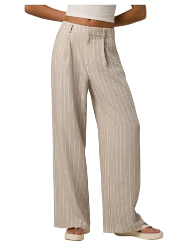 GORGLITTER Women's Zipper Fly Striped Dress Pants Pleated Straight Leg Trousers with Pockets