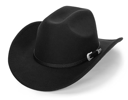 HilyBony - Sombrero de Cowboy occidental para mujer y hombre, sombrero Fedora clásico con ala ancha y cinturón de hebilla, Negro , L