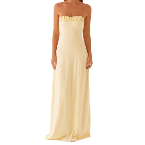 Image of Women Tube Top Maxi Dress 2025 Elegant Sleeveless Strapless Ruched Flowy Summer Long Wedding Party Cocktail Dresses