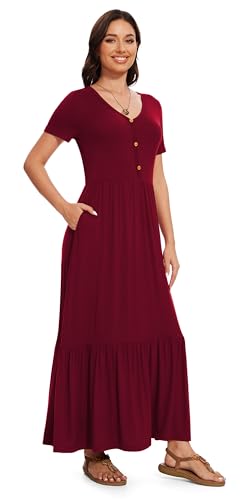 Image of VIISHOW Women's Short Sleeve Maxi Dress 2026 Summer V Neck Knit Loose Plain Empire Waist Casual Dresses with Pockets